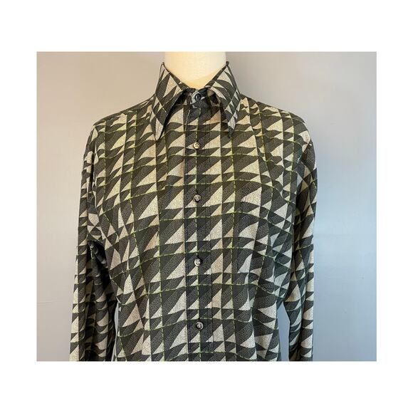 Vtg 70s Geometric Abstract Pointillism Button Front Disco Shirt Dagger Collar LG - Picture 4 of 10